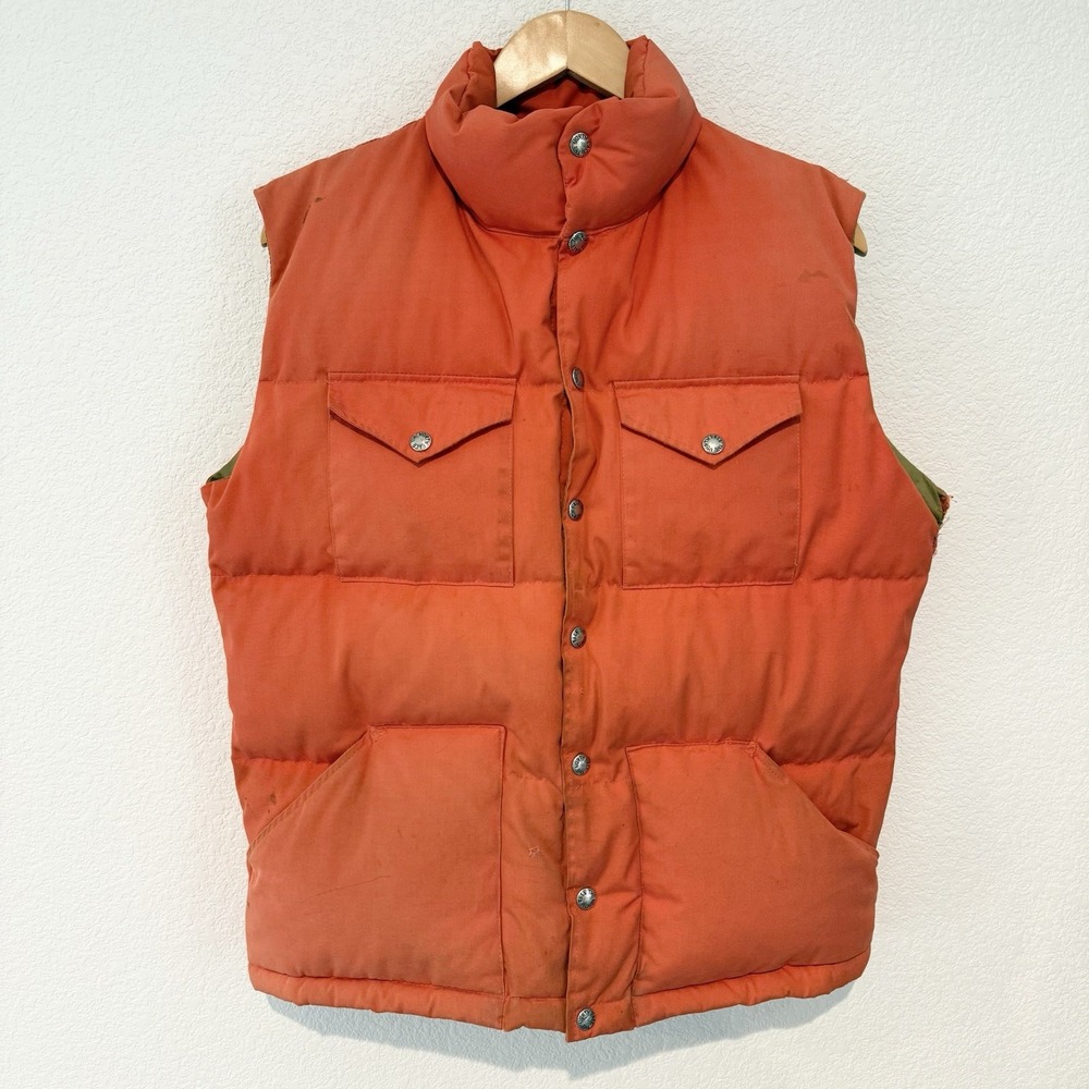 Vtg North Face Mens Down Snap Puffer Vest M Orange Brown Label Distressed 80s